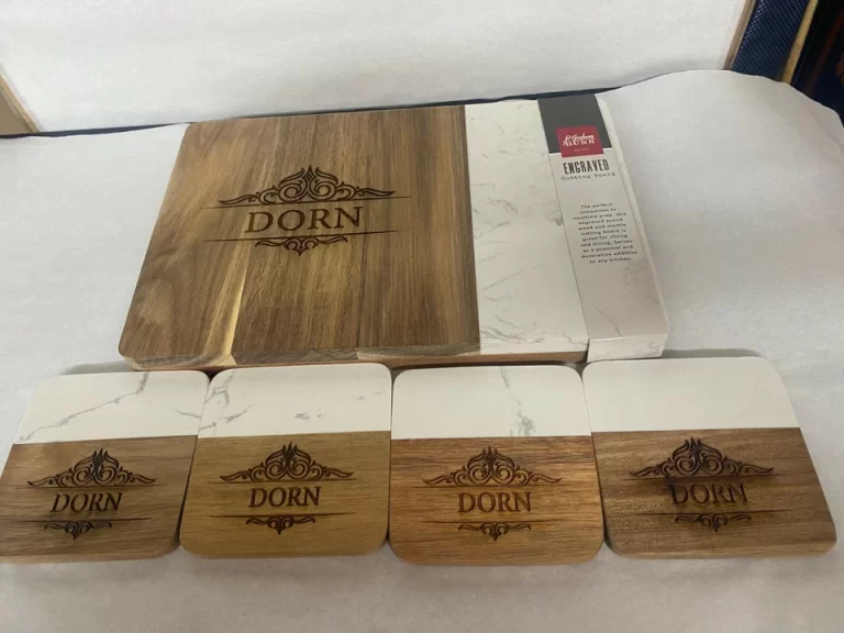 P Graham Dunn Engraved Wood/Marble Cutting Board "Dorn" 8x12in & 4 Coasters NEW - Image 4