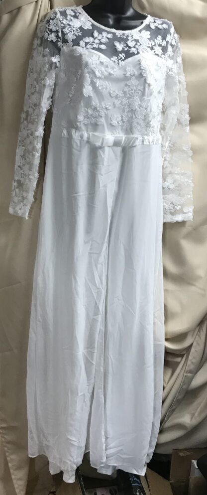 White Wedding Jumpsuit Gown Lace Bodice Long Pants Round Neck Long Sleeve NEW M - Image 3