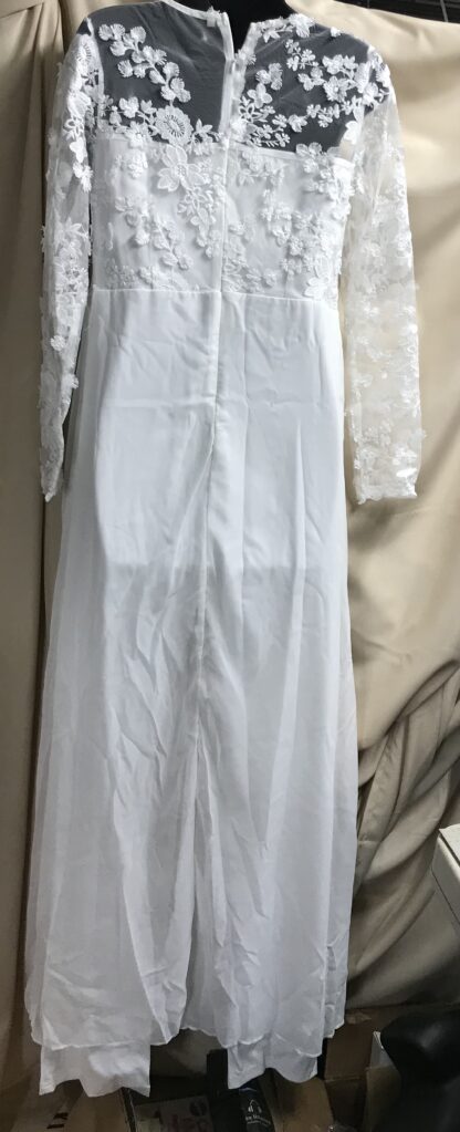 White Wedding Jumpsuit Gown Lace Bodice Long Pants Round Neck Long Sleeve NEW M - Image 4