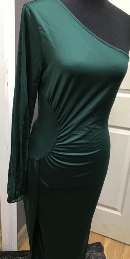 Army Green One Shoulder Long Sleeve Ruched Bodycon Party Dress Sz M – NEW - Image 3