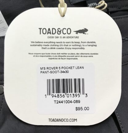 Toad&Co Men’s Rover 5 Pocket Lean Pants Soot Gray Sz 34/30 Nylon Blend – NEW - Image 6
