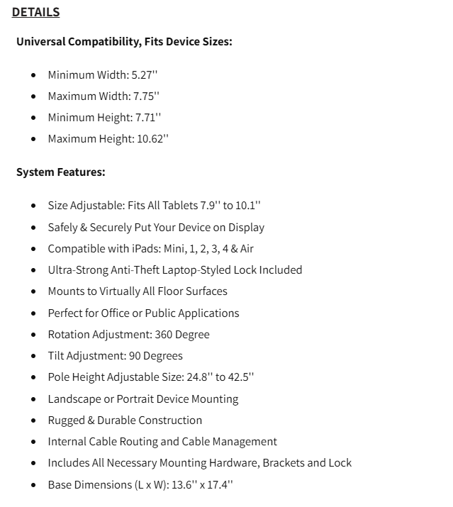 Floor stand anti theft tablet security