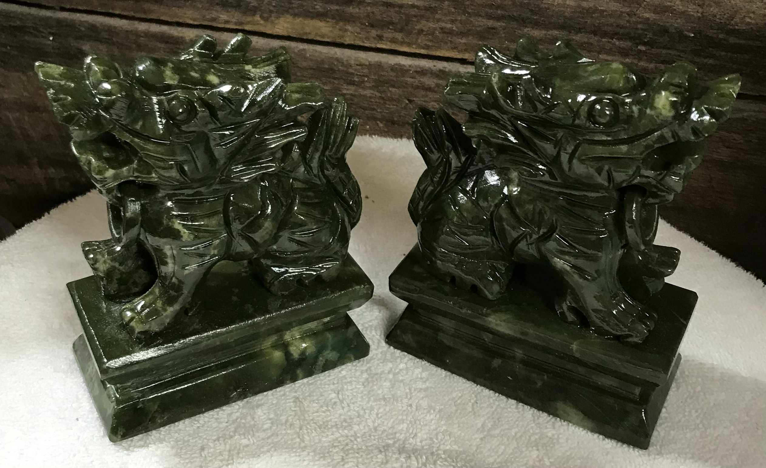 Hand Carved Green Jade Foo Dog Pixiu Qilin Bookends Feng Shui Chinese - Image 3