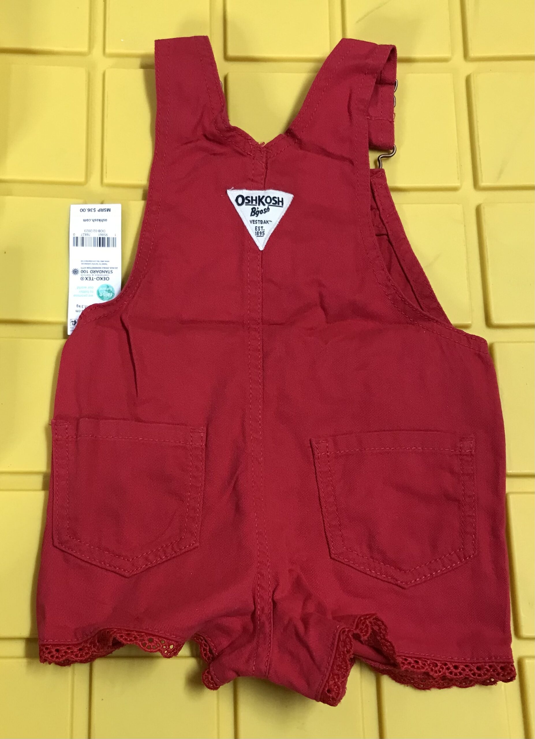 OshKosh B’Gosh Baby Girl Red Lace Trim Short Overalls 12M NEW - Image 3