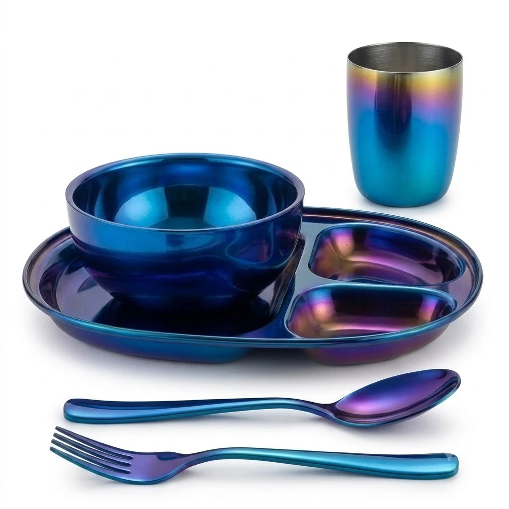 Ahimsa Mindful Mealtime Set Stainless Steel Kids Dinnerware Iridescent Blue New - Image 2