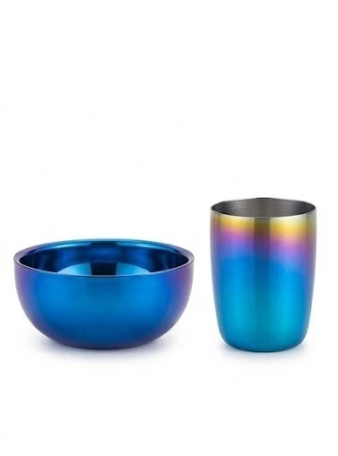 Ahimsa Mindful Mealtime Set Stainless Steel Kids Dinnerware Iridescent Blue New - Image 4