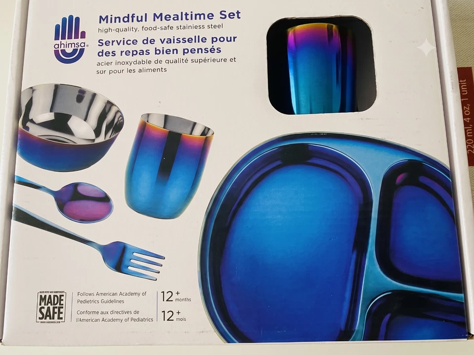 Ahimsa Mindful Mealtime Set Stainless Steel Kids Dinnerware Iridescent Blue New - Image 5