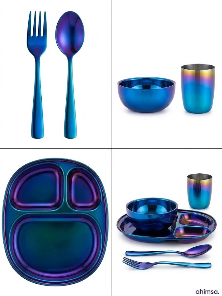 Ahimsa Mindful Mealtime Set Stainless Steel Kids Dinnerware Iridescent Blue New - Image 6