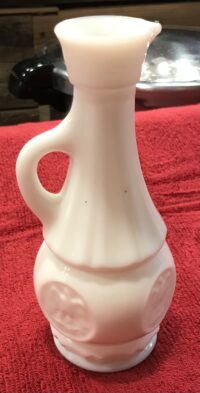 Vintage White Milk Glass Cruet Bottle Spout Handle Embossed Bird Design 6 3/4 used